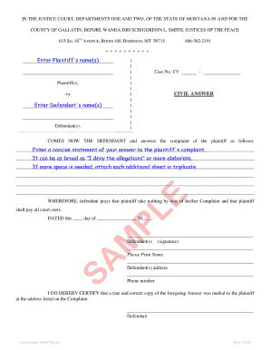 Montana Civil Answer Form