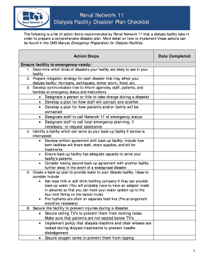 Dialysis Facility Disaster Plan Checklist