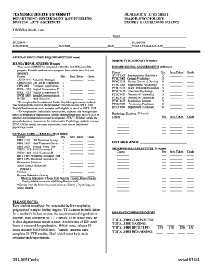 Tennessee Temple University Academic Status Sheet