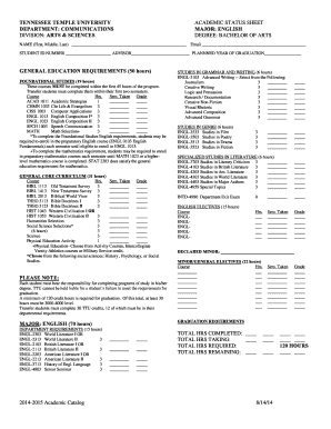 Tennessee Temple University Academic Status Sheet
