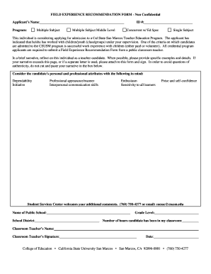 Field Experience Recommendation Form
