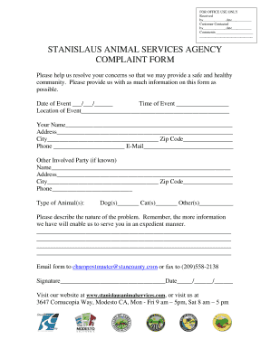 Animal Complaint Form - Fill Online, Printable, Fillable, Blank | pdfFiller