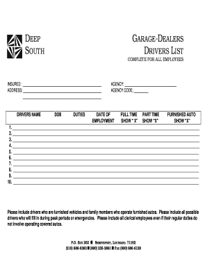 Deep Garage-Dealers Drivers List Form