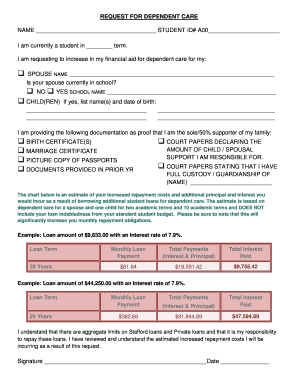 Request for Dependent Care Financial Aid