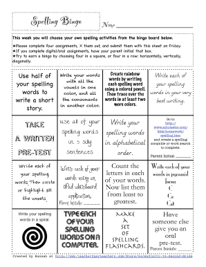 Spelling Bingo Homework Sheet