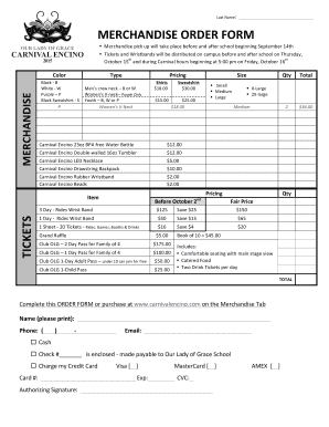 Carnival Encino Merchandise Order Form