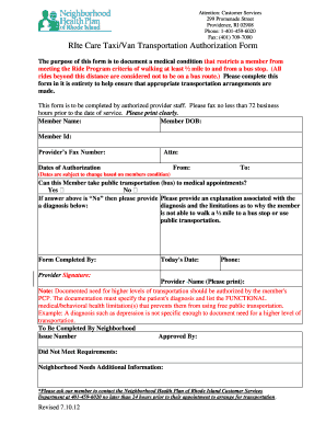 Rhode Island Taxi/Van Transportation Authorization Form