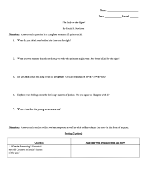 The Lady or the Tiger Reading Comprehension Worksheet