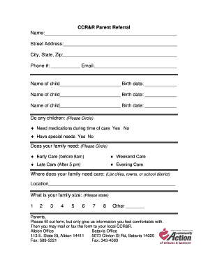 Child Care Resource and Referral Parent Referral Form
