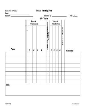 Stony Brook University Resume Screening Form