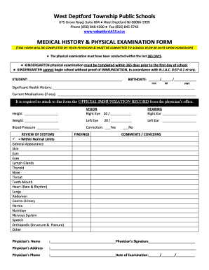 New Jersey School Medical History and Physical Examination Form