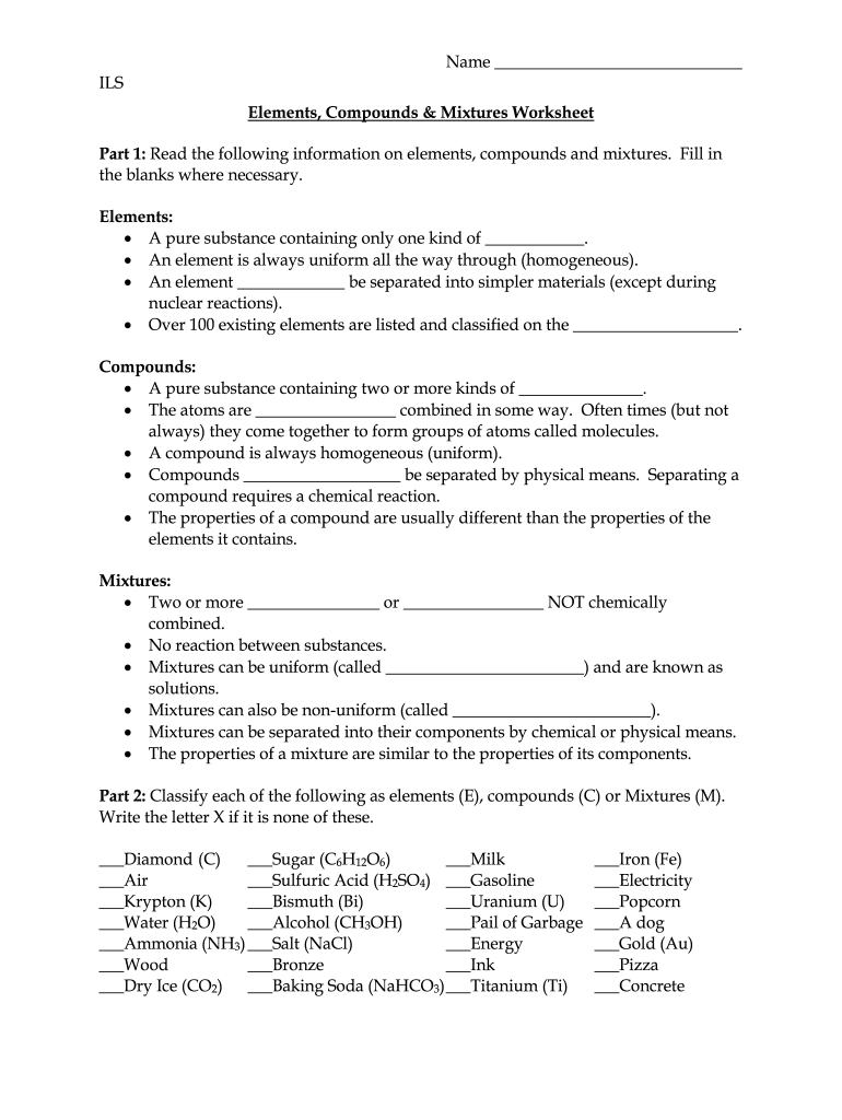 Elements Compounds And Mixtures Worksheet Grade 7 Pdf Fill Online