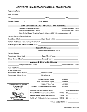 Center for Health Statistics Mail-In Request Form