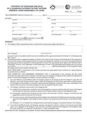 Contract of Purchase and Sale of a Leasehold Interest in First Nations Reserve Lands