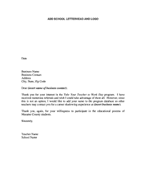 Take Your Teacher to Work Day Participation Letter
