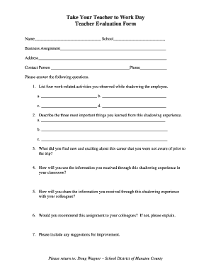 Take Your Teacher to Work Day Evaluation Form