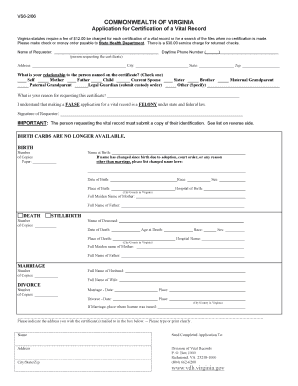Virginia Vital Record Certification Application