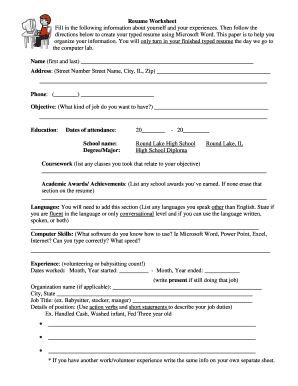 Resume Worksheet for High School Students