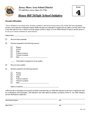 Jersey Shore School District Parental Affirmation Form