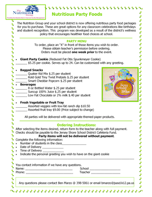 School District Party Food Order Form