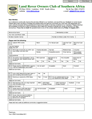Land Rover Owners Club Feedback Form
