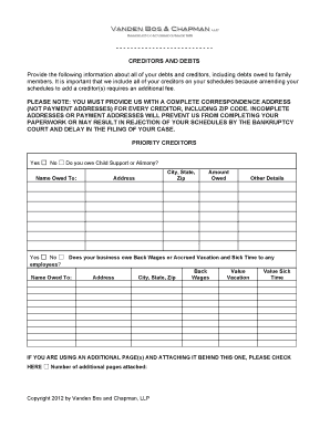 Bankruptcy Creditors and Debts Form