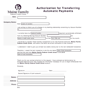 Authorization for Transferring Automatic Payments