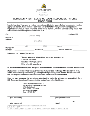 Representation Regarding Legal Responsibility for a Minor Child