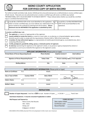 Mono County Birth Record Application