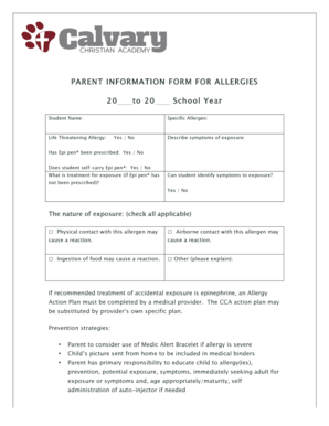 Parent Information Form for Allergies