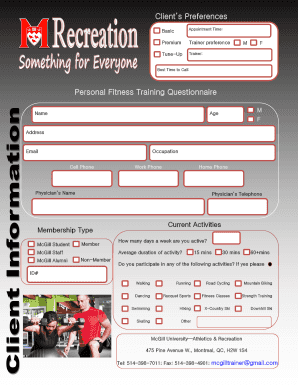 McGill Personal Fitness Training Questionnaire