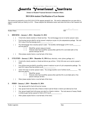 2015-2016 Student Clarification of Low Income Form