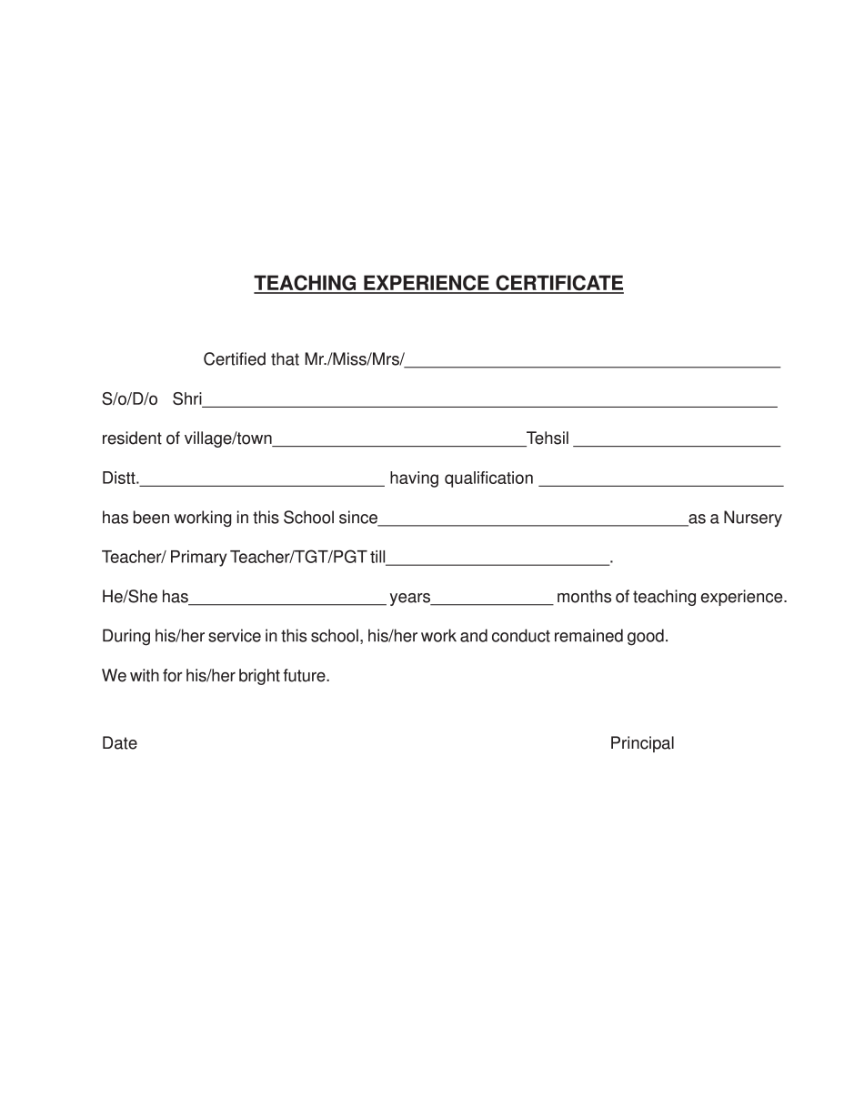 Experience Certificate Form