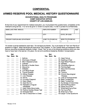 Armed Reserve Pool Medical History Questionnaire