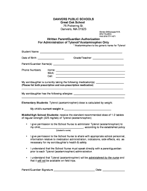 Written Parent Authorization for Tylenol Administration