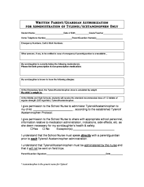 Written Parent Authorization for Tylenol Administration