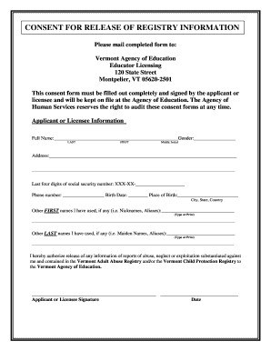 Vermont Educator Consent for Registry Information Release