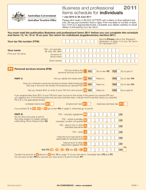 Business and Professional Items Schedule for Individuals 2011