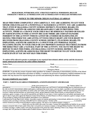 Okaloosa County High School Athletics Parental Permission and Release Form