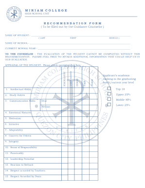 High School Recommendation Form