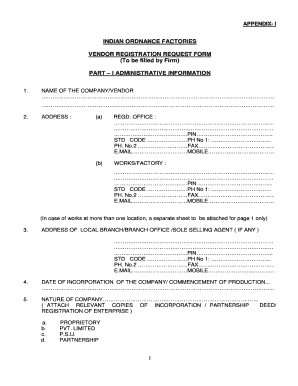 Indian Ordnance Factories Vendor Registration Request Form