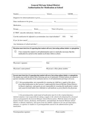 Authorization for Medication at School