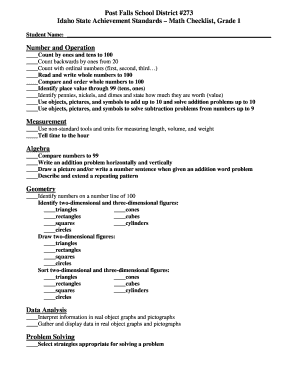 Idaho State Achievement Standards Math Checklist