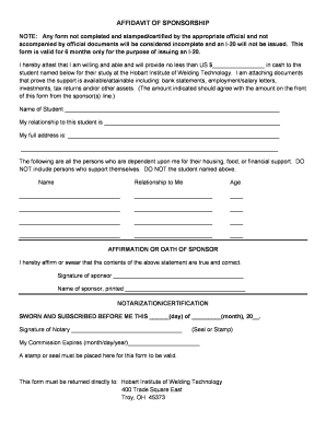 Affidavit of Sponsorship for I-20 Issuance