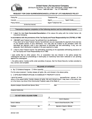 Request for Cash Surrender/Cancellation of Life Insurance Policy