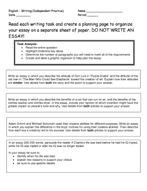 Writing Independent Practice Task Sheet