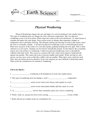 Physical and Chemical Weathering Worksheet