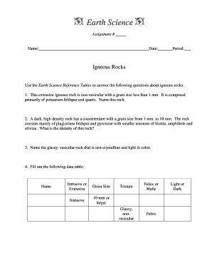 Earth Science Igneous Rocks Assignment