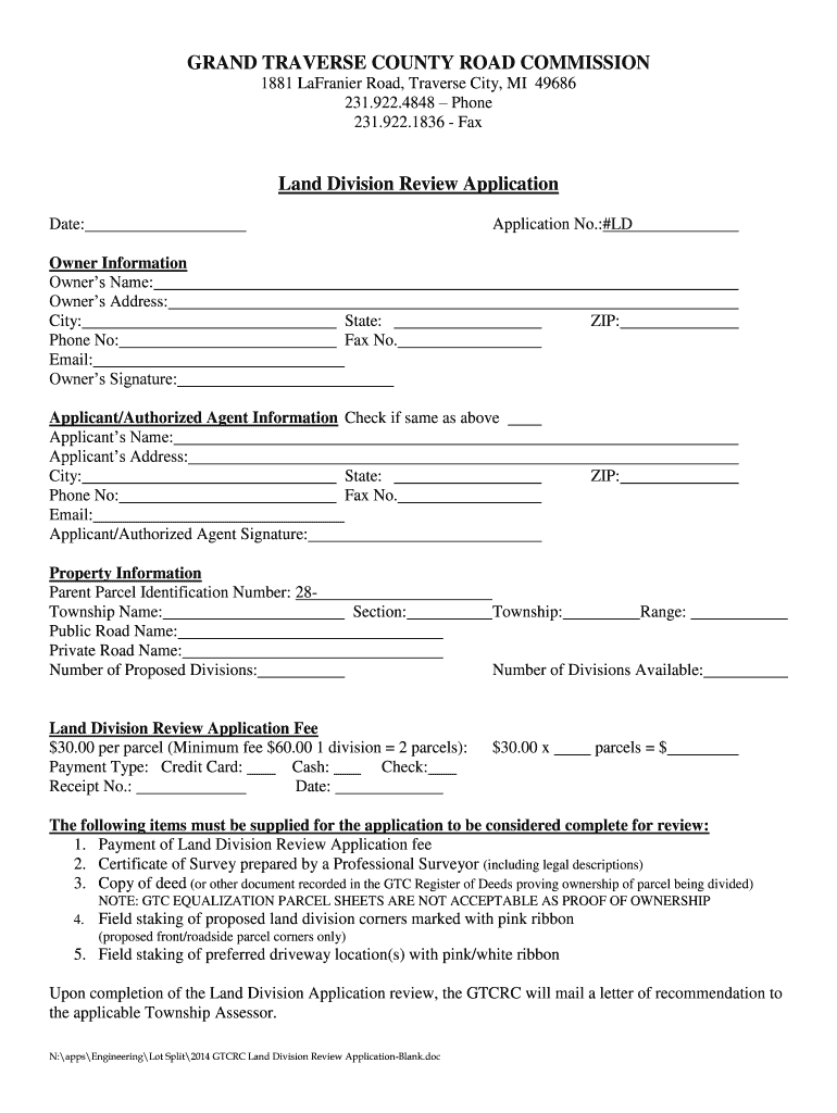 Fillable Online GRAND TRAVERSE COUNTY ROAD COMMISSION 1881 LaFranier