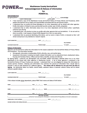 Washtenaw County ServicePoint Acknowledgement & Release of Information
